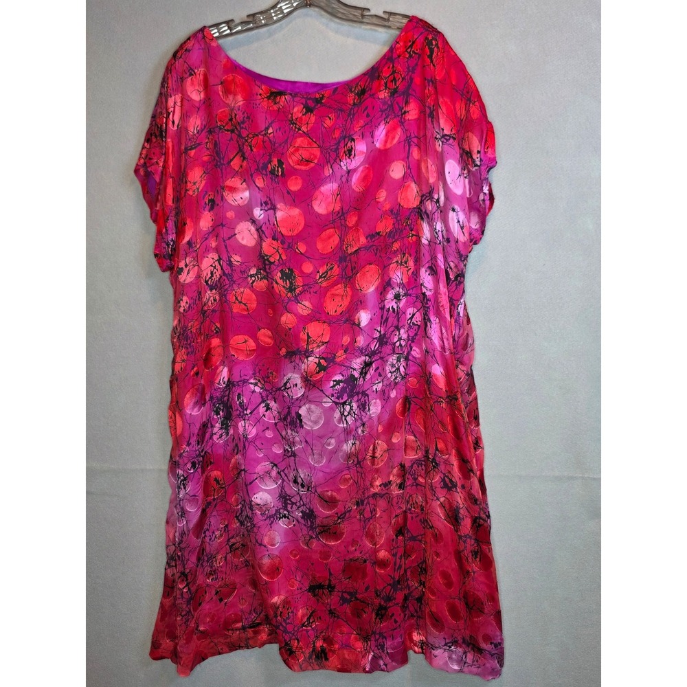 Valentine Womens Pink Red Abstract Burnout Silk Feel Shift Dress Short Sleeve
